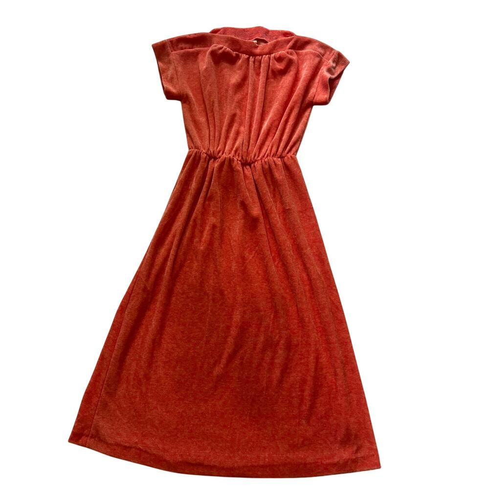 Vintage 70s Terry Cloth Midi Dress Orange Boat Neck Cinched Elastic Waist S